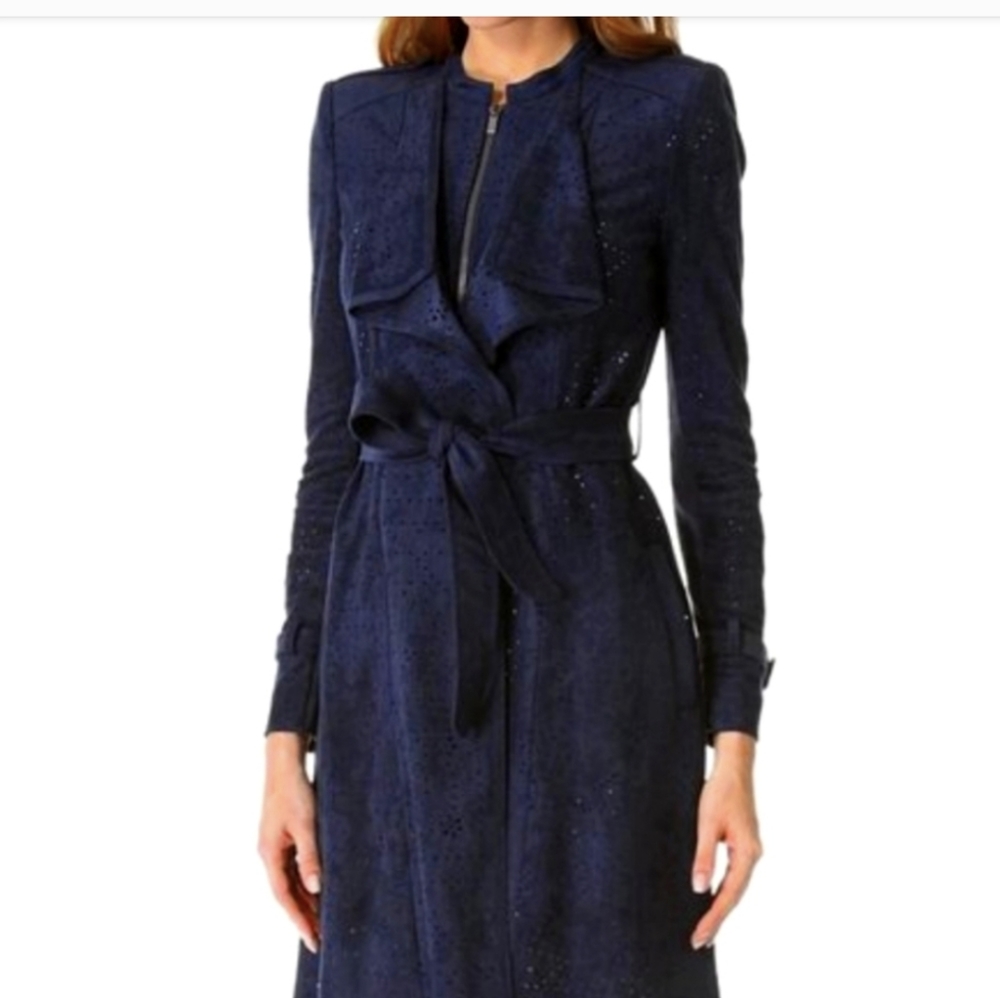 BCBG Max Azria Navy Faux Suede Perforated Trench Coat